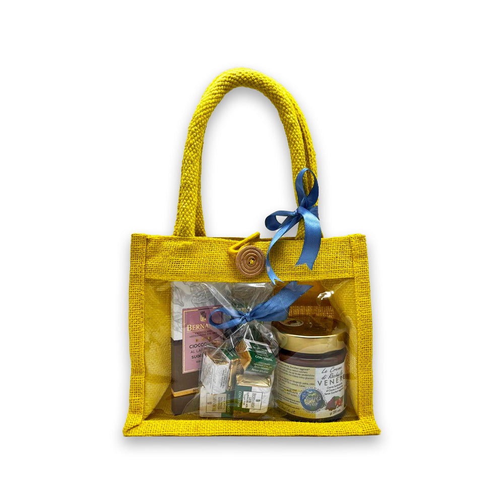 Idea Regalo - Borsetta con due barrette Bernardi senza zucchero, spalmabile alla nocciola senza zucchero e cioccolatini sfusi senza zucchero