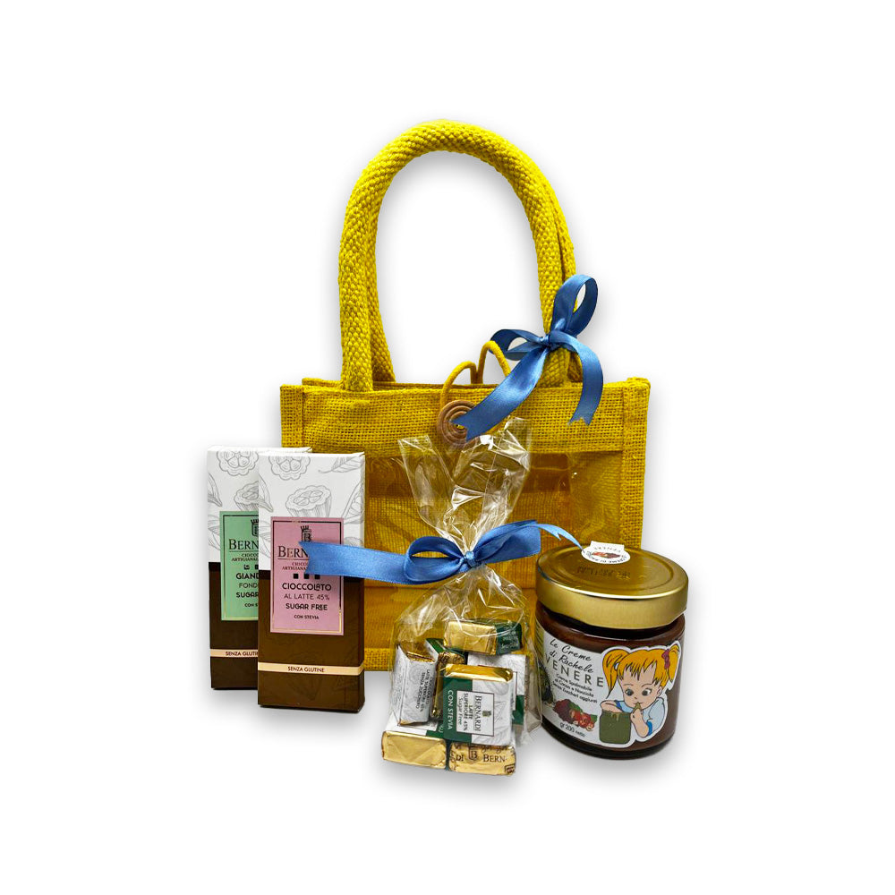 Idea Regalo - Borsetta con due barrette Bernardi senza zucchero, spalmabile alla nocciola senza zucchero e cioccolatini sfusi senza zucchero
