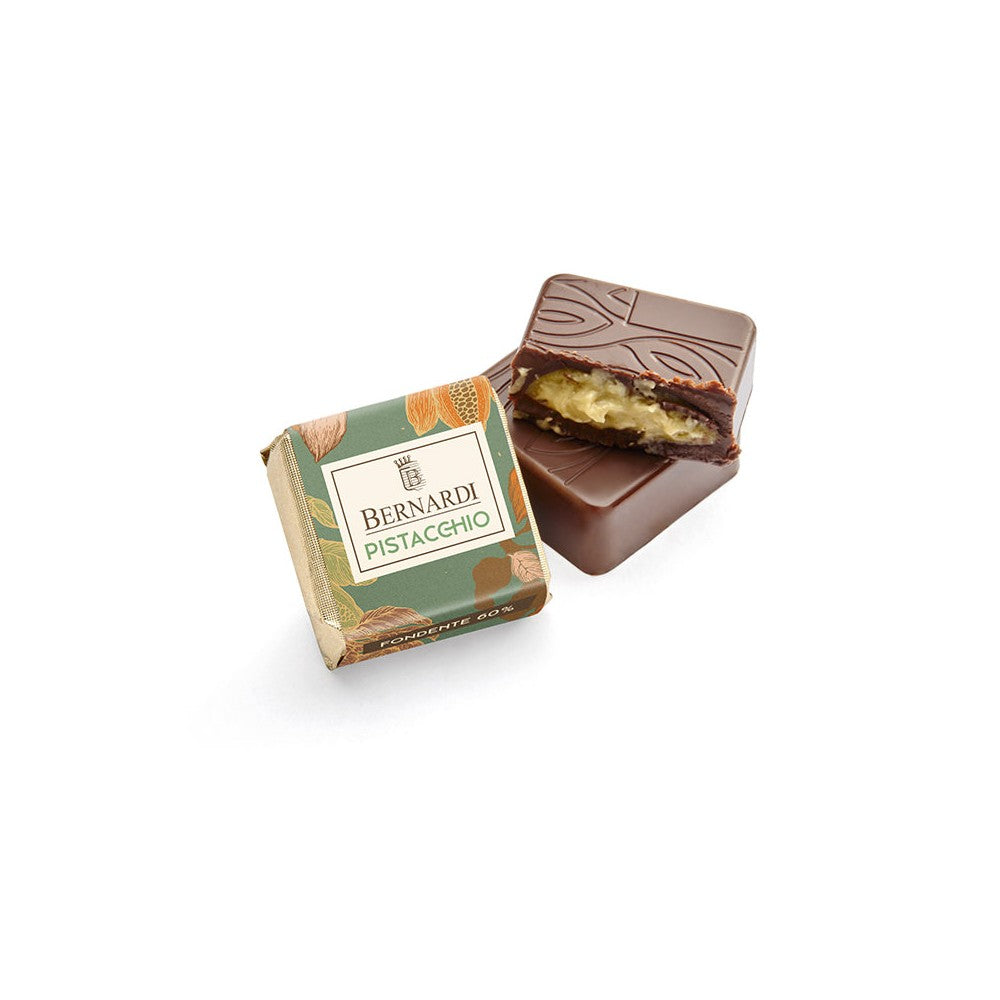Cioccolatini con ripieno di pistacchio e copertura di cioccolato fondente extra 60%