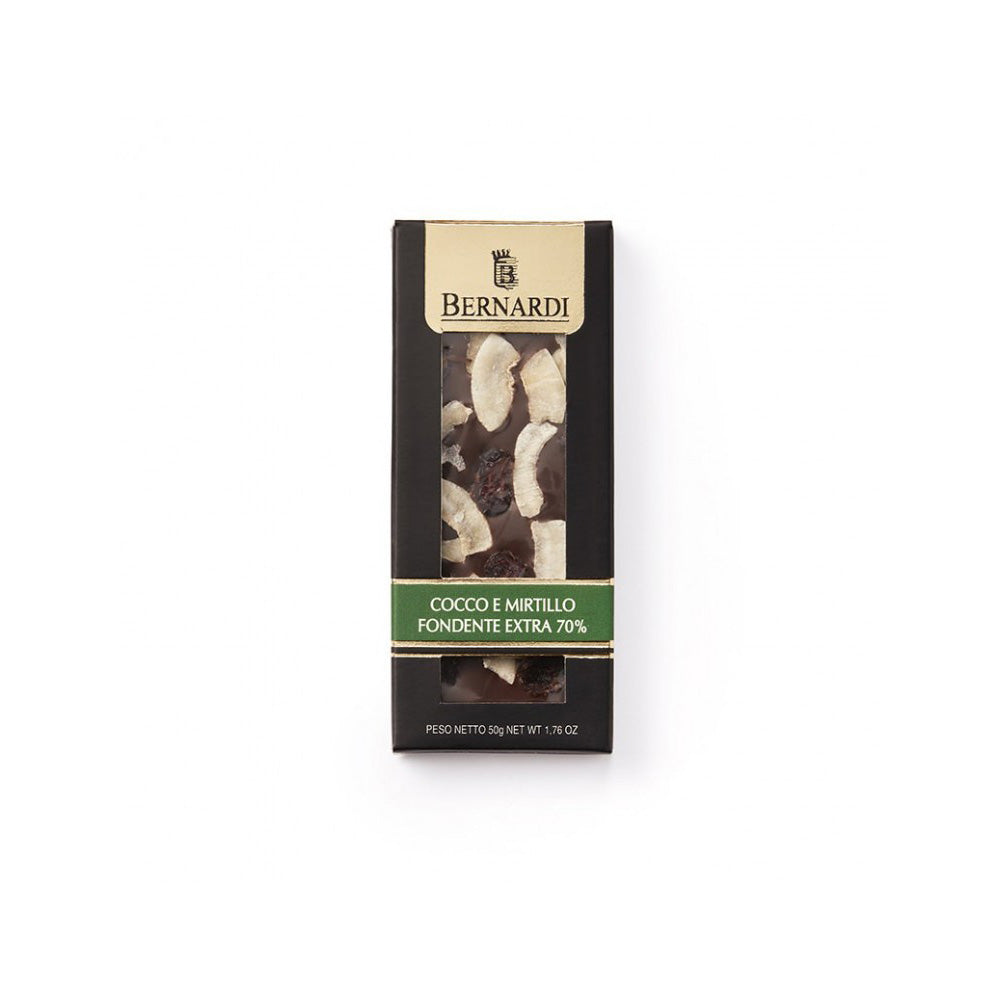 Tavoletta di cioccolato fondente extra 70% con mirtilli e cocco in pezzi